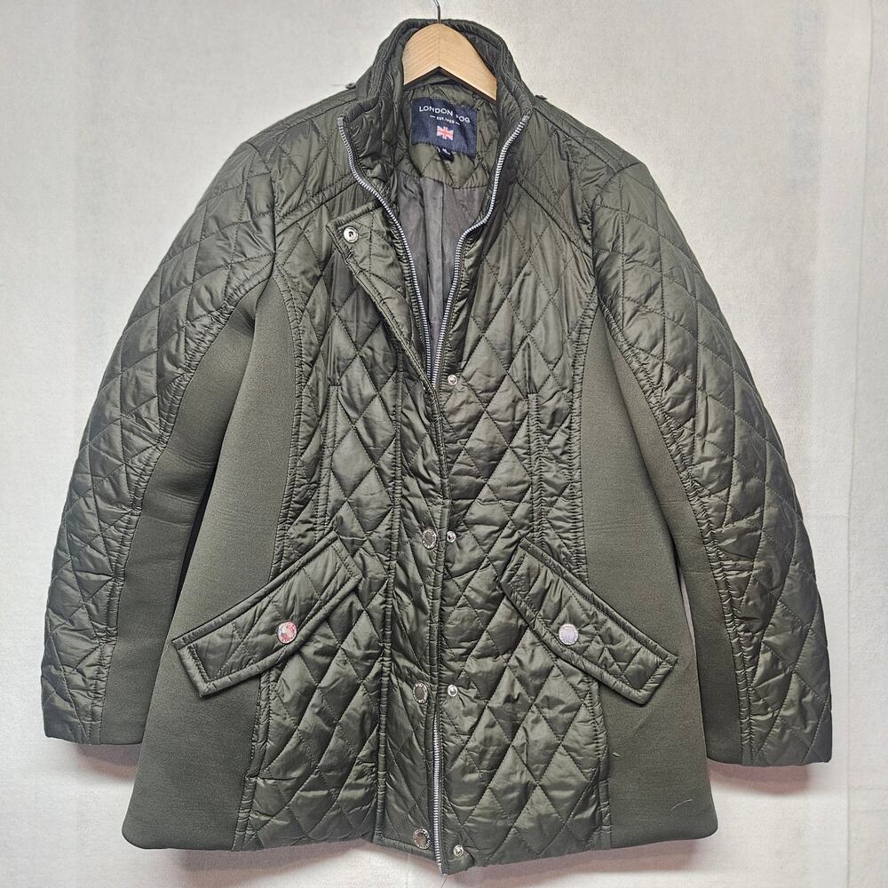London Fog Quilted Utility Jacket Olive Green Full Zip Puffer Lightweight Coat